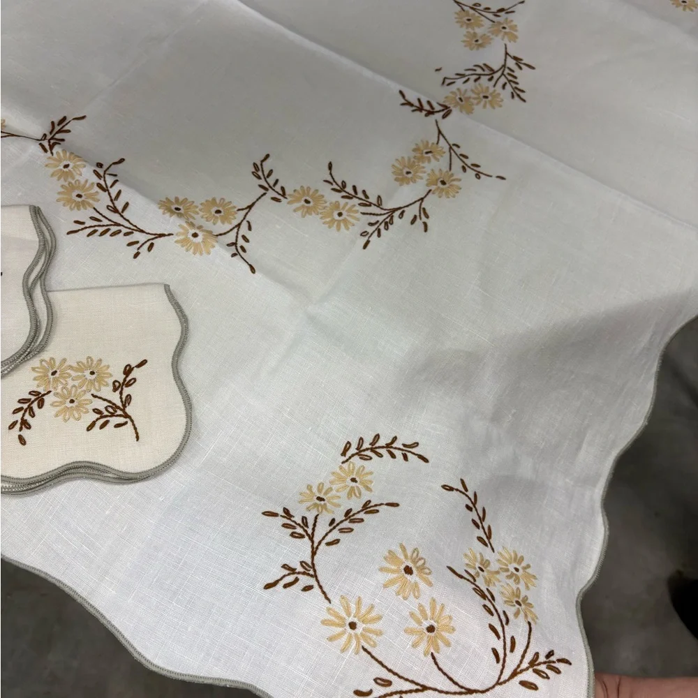 Vintage Embroidered Floral Tablecloth and Napkin Set
